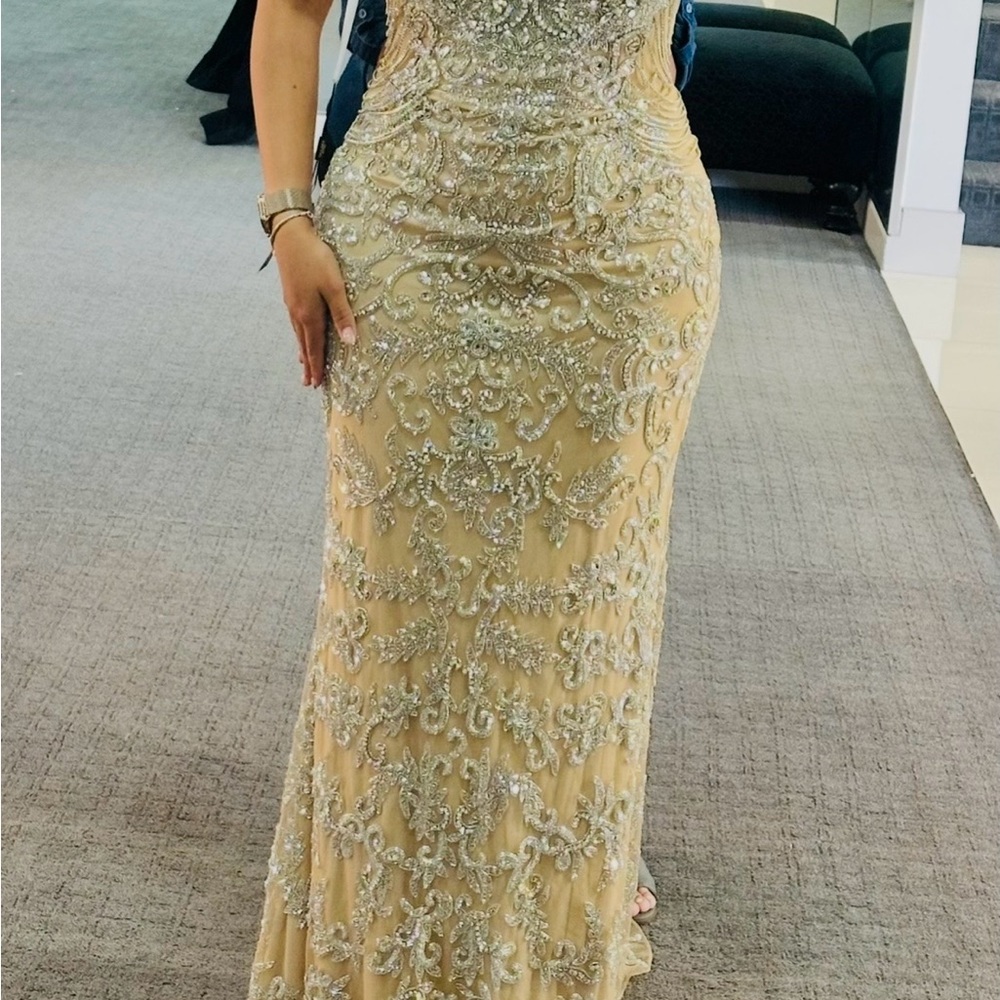 Terani Couture Silver Embellished Gold Prom Dress